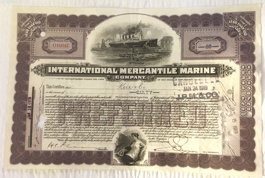 International Mercantile Marine Company stock certificate with ship engraving, ornate brown border, and handwritten sign