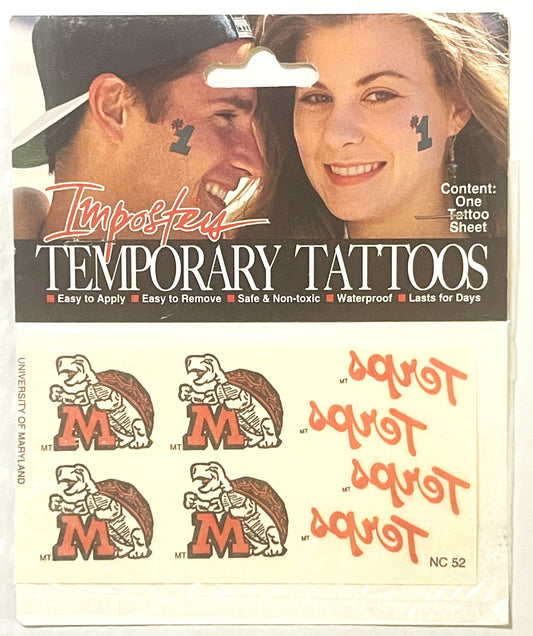 Vintage temporary tattoo package featuring University of Maryland Terps logo and text, with sample tattoos visible on sheet b