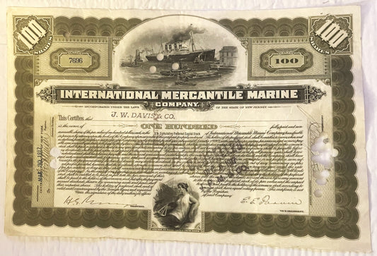 Vintage stock certificate with ornate tan border, steamship engraving, "100" denomination, and handwritten signatures on crea