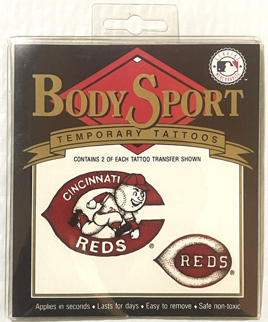 Sealed package of Body Sport temporary tattoos featuring Cincinnati Reds logos including Mr. Red mascot and baseball emblem i
