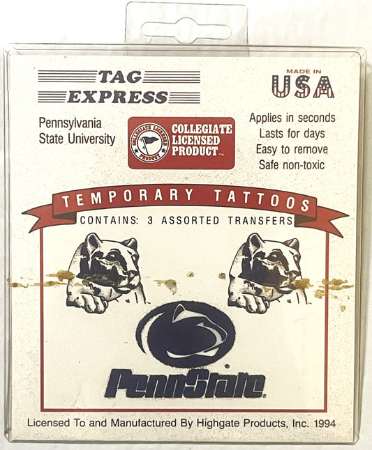 Vintage 1994 Penn State temporary tattoos package showing Nittany Lion mascot heads and logo on cream cardstock with red acce