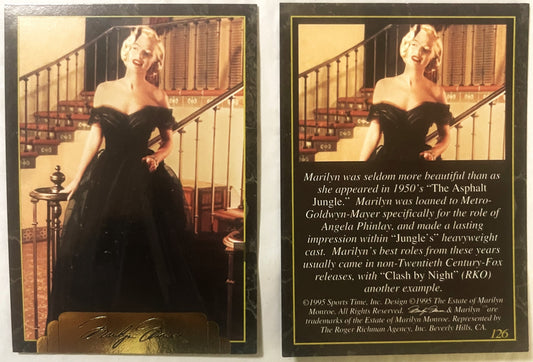 Front and back of 1995 Sports Time collectible card #126 featuring Marilyn Monroe in black off-shoulder gown on staircase, wi