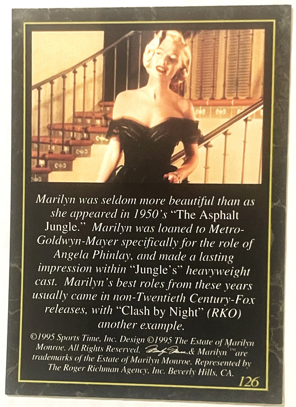 Vintage 1995 Sports Time collectible card #126 featuring Marilyn Monroe in black off-shoulder gown on staircase, with printed