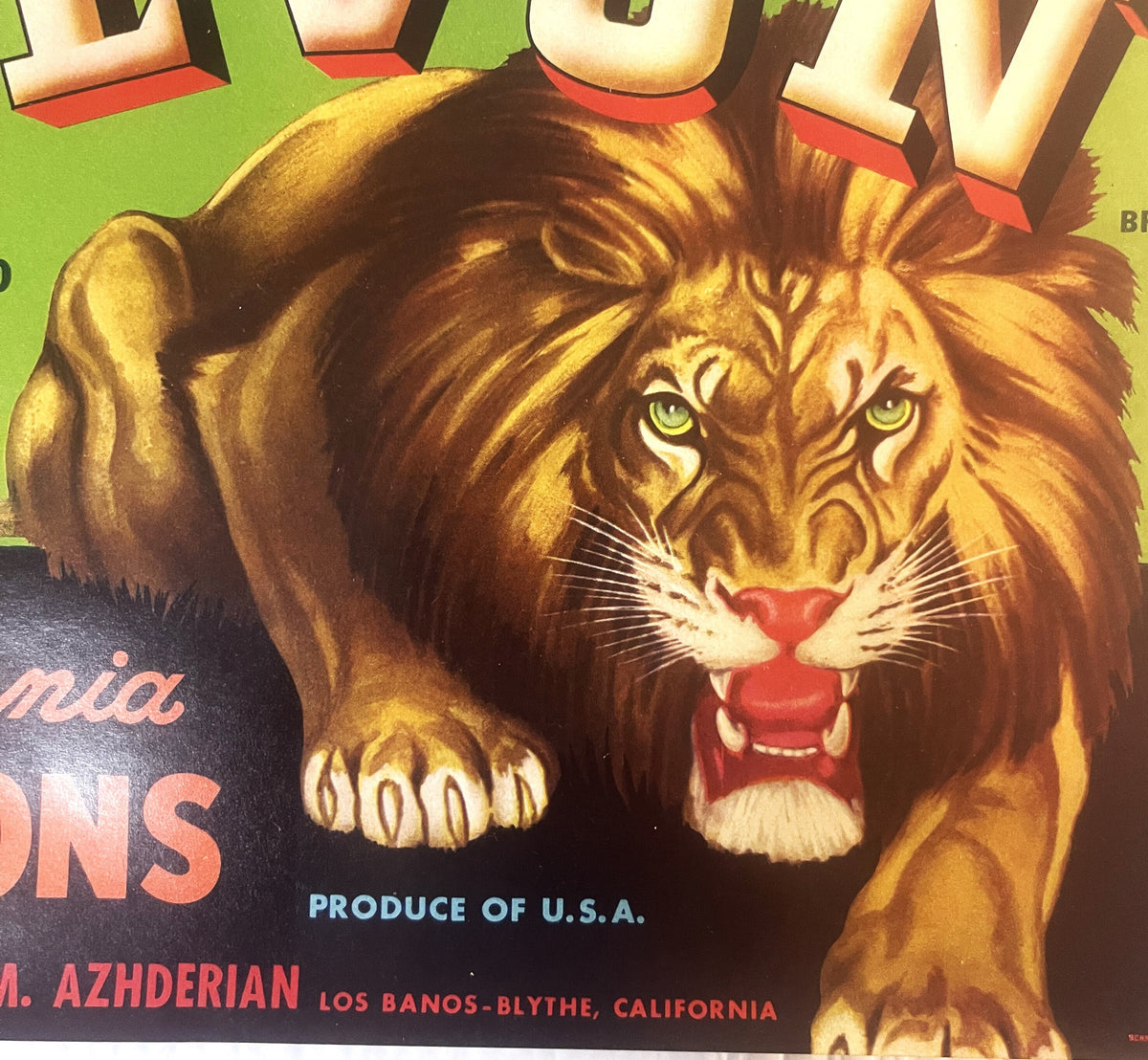 Vintage fruit crate label featuring a roaring lion's head with yellow eyes and red mouth against green and black background,