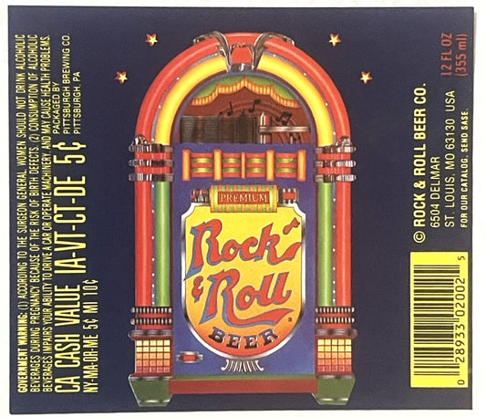 Vintage Rock and Roll Premium Beer label featuring a colorful jukebox illustration on dark blue background with yellow and re