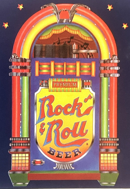 Vintage jukebox-shaped Rock & Roll beer label from St. Louis, featuring red and yellow lettering on yellow background, ornate art deco design with rainbow arch and musical notes, stars on dark blue backdrop.