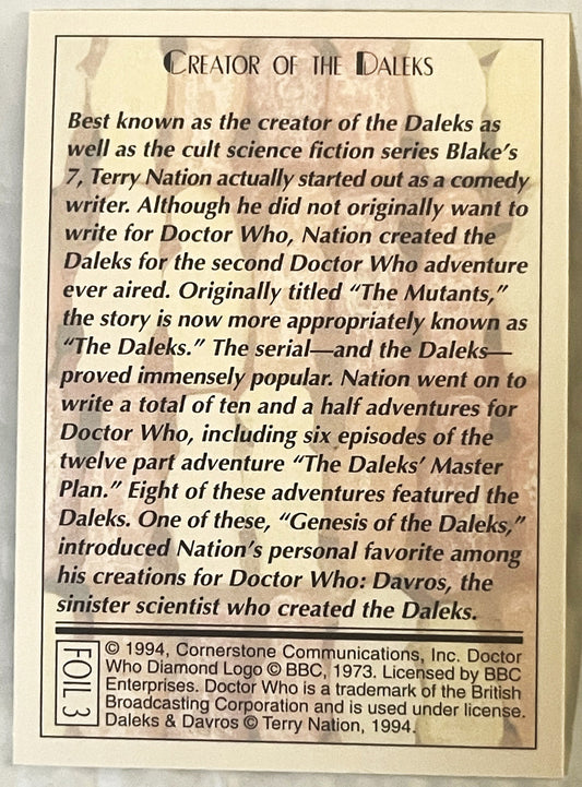 Cream-colored 1994 Doctor Who trading card with black text describing Terry Nation as creator of the Daleks, featuring copyri