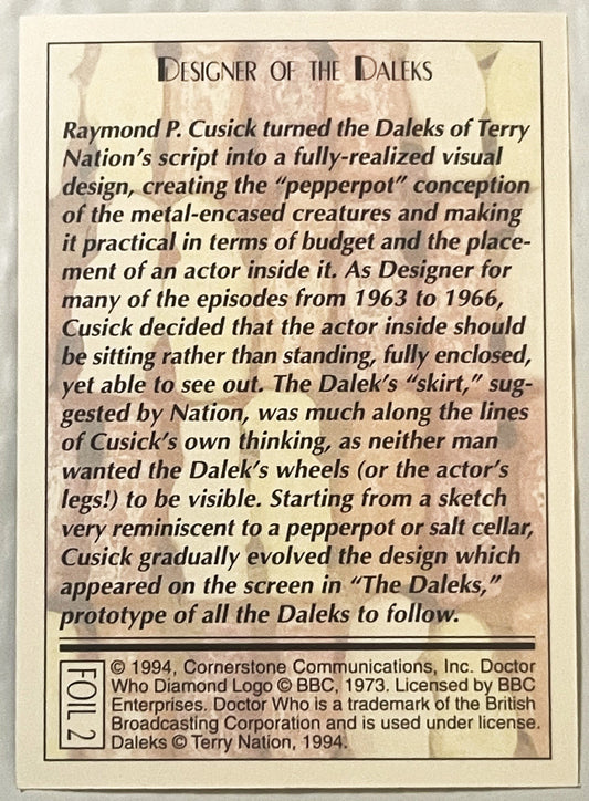 Vintage 1994 Doctor Who trading card with beige background showing text about Raymond P. Cusick designing the Daleks, numbere