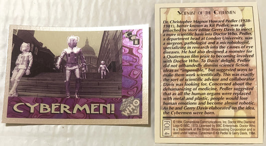 Vintage 1994 Doctor Who Cybermen foil trading card #4 showing metallic silver figures on purple background, with informationa