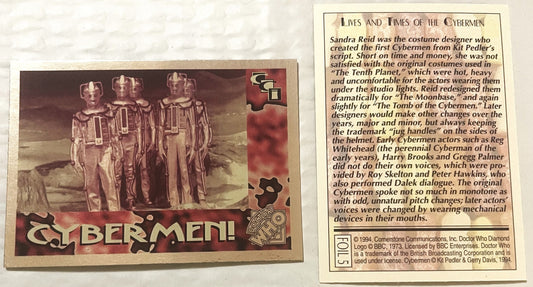 Vintage 1994 Doctor Who trading card showing three silver Cybermen in metallic costumes with distinctive helmets, alongside i