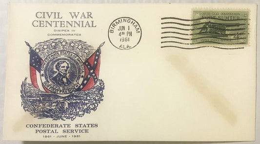 Vintage 1961 Civil War Centennial envelope with Jefferson Davis portrait, Confederate flags, and Fort Sumter postage stamp po