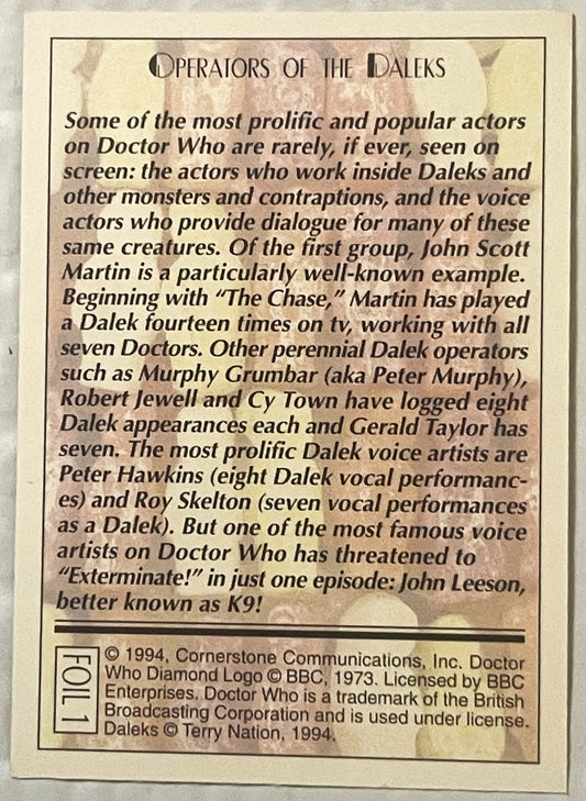 Cream-colored 1994 Doctor Who trading card titled "Operators of the Daleks" with italicized text describing Dalek actors and