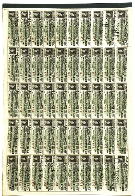 Sheet of 50 uncut 1898 New York Central & Hudson River Railroad gold bond certificates with portrait vignette, printed in gre