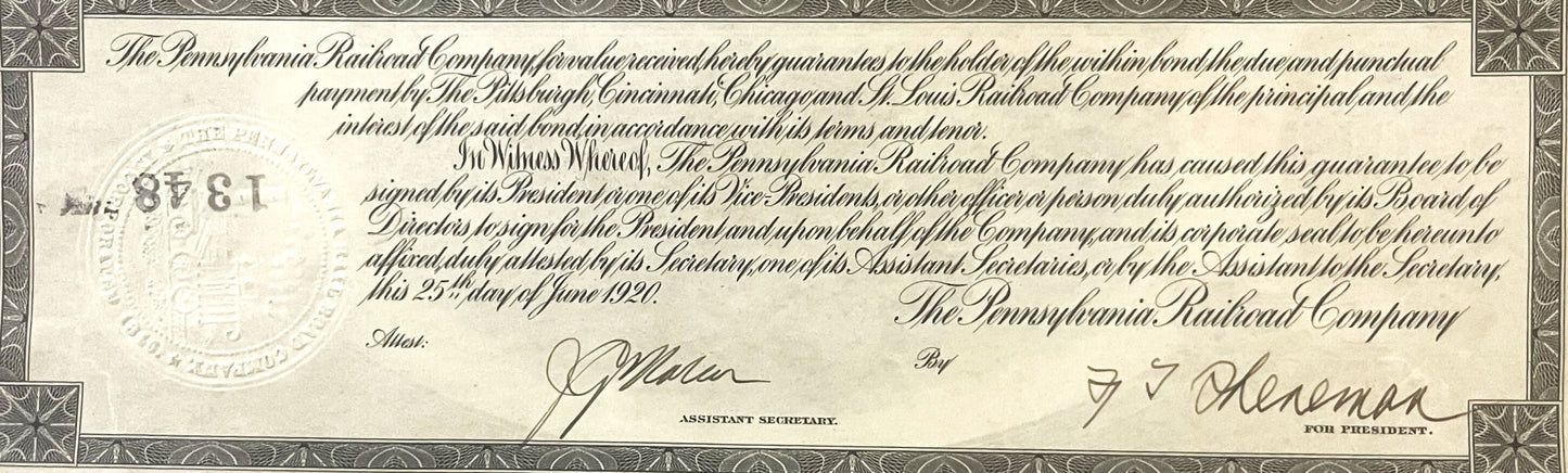 1920 Pennsylvania Railroad Company $1000 gold bond certificate with ornate border, signatures, and company seal in upper left