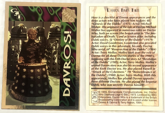 Front and back of 1994 Doctor Who Davros foil card showing Dalek character in metallic costume with descriptive text about th