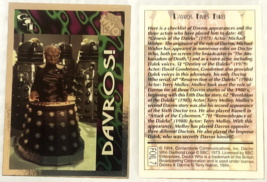 Front and back of a 1994 Doctor Who trading card featuring Davros with Daleks, showing foil character art and printed checkli