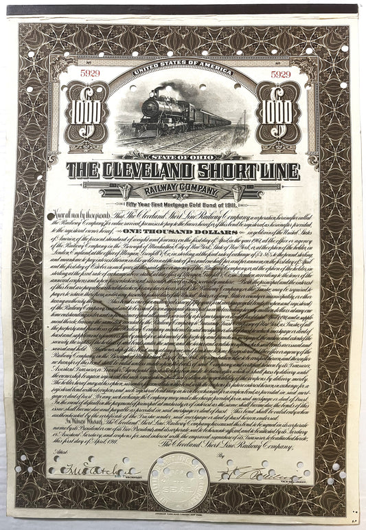 Antique 1911 Cleveland Short Line Railway $1000 gold bond certificate with steam locomotive vignette and coin shown for scale