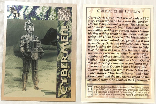 Two 1994 Doctor Who trading cards: left shows a Cyberman figure in metallic costume with foil overlay; right displays text ab