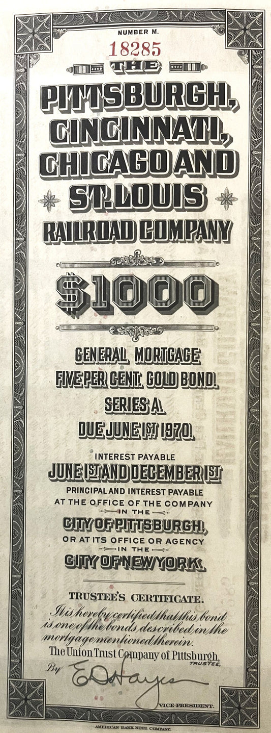 Antique railroad bond certificate numbered 18285 for Pittsburgh, Cincinnati, Chicago and St. Louis Railroad Company, $1000 go