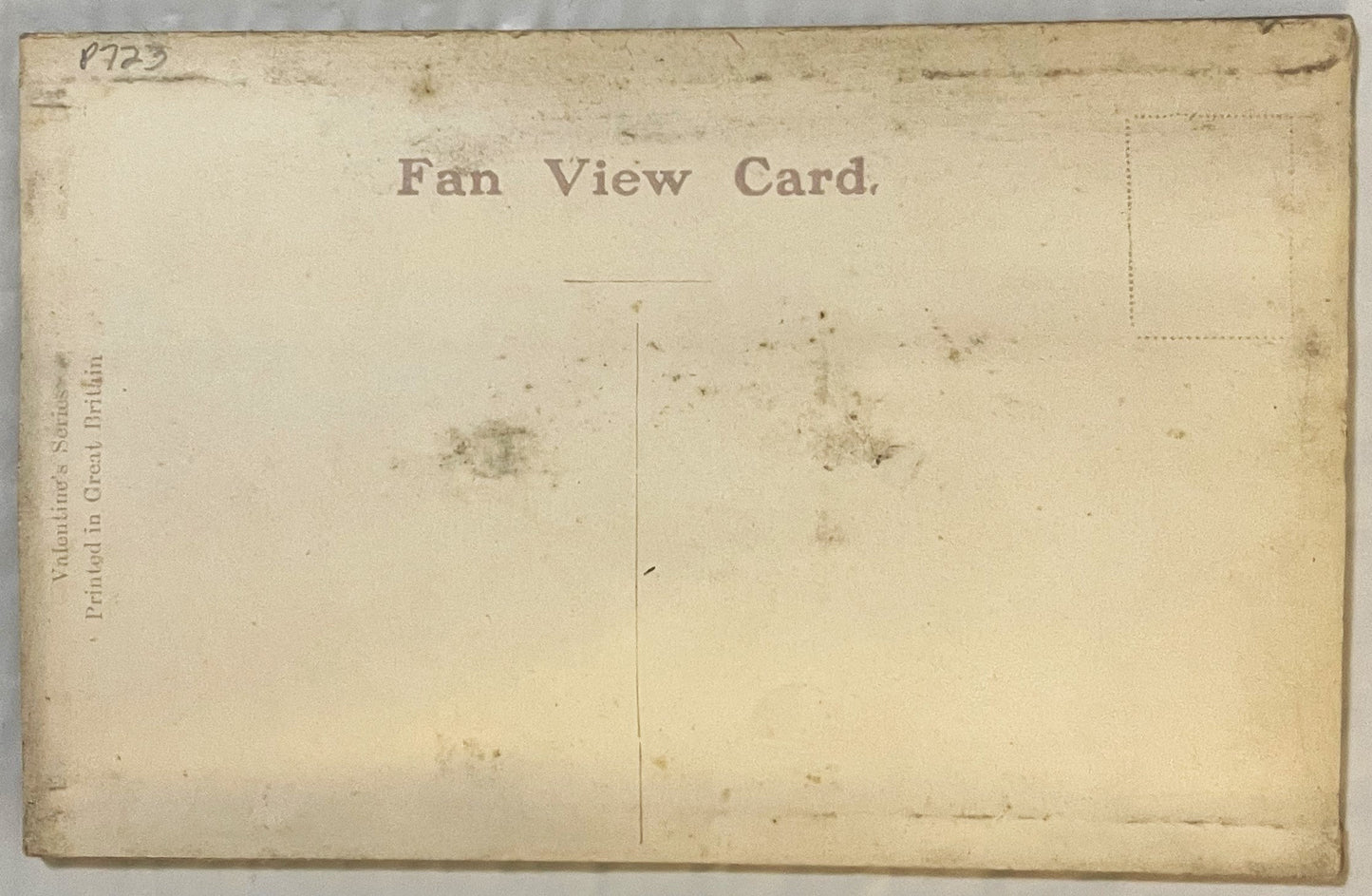Back of aged cream fan view postcard with "Fan View Card" header and publisher text on left spine, circa early 1900s