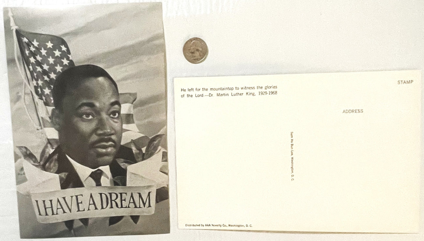 Vintage postcard featuring MLK portrait with American flag and "I HAVE A DREAM" text, shown front and back with quarter for s