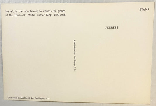 Back of vintage MLK memorial postcard with quote, address lines, stamp area, and AAA Novelty Co. distribution mark on cream c