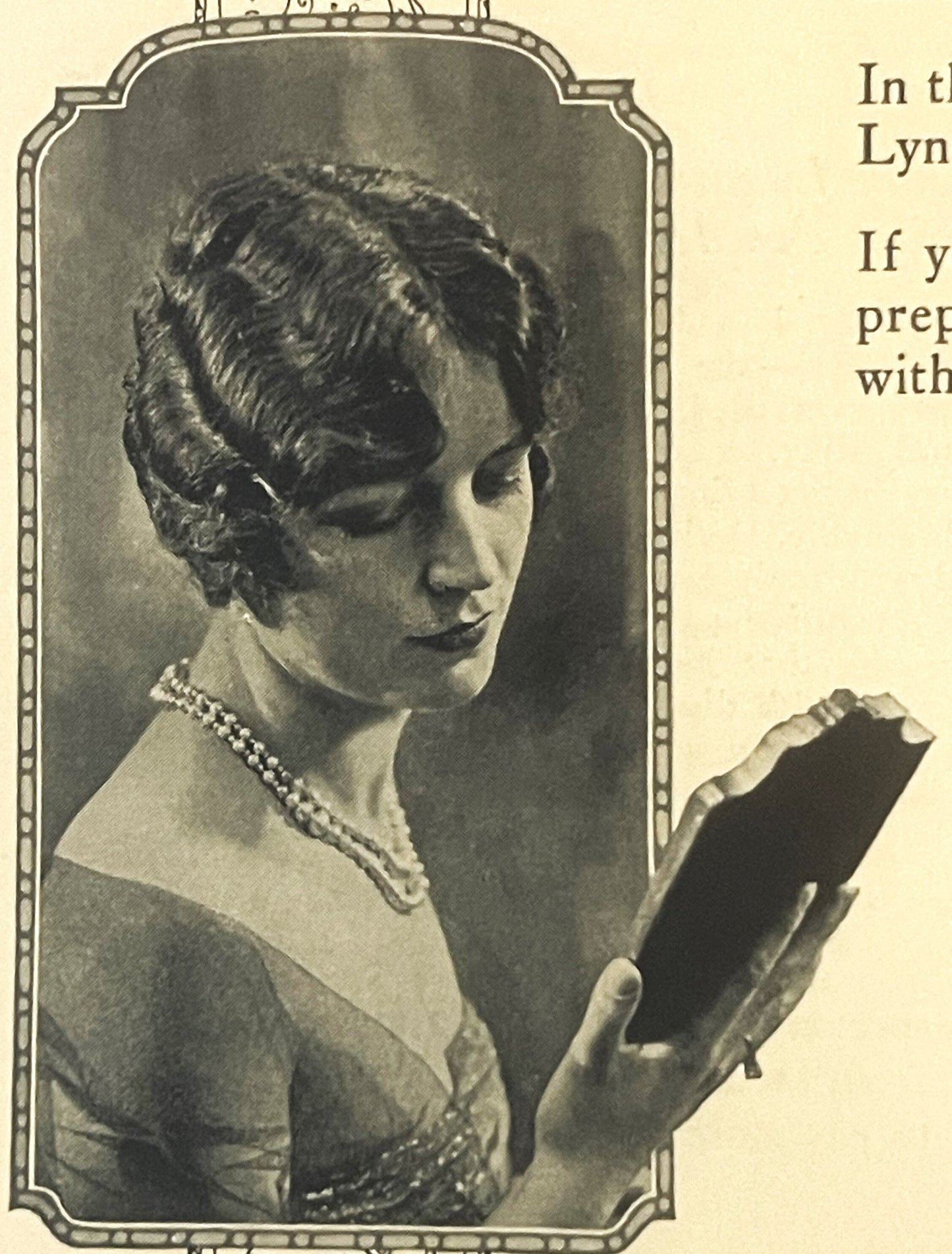 Black and white portrait of a woman in profile wearing pearls and holding a dark book, from a vintage Lynas toiletry brochure