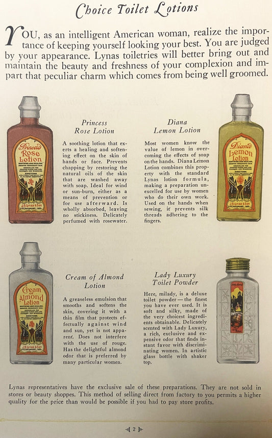 Vintage 1920s Lynas toilet lotion brochure page showing four glass bottles with product descriptions for Princess Rose, Diana