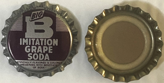 Vintage bottle cap showing front and back views; front displays "BIG B" logo with "IMITATION GRAPE SODA" text on dark backgro