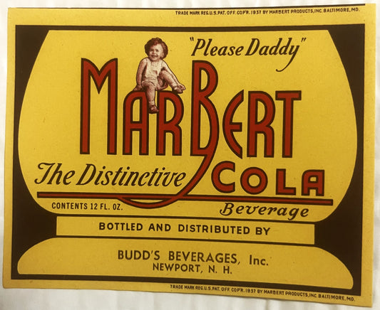 Vintage yellow and red cola bottle label from Newport, N.H. with "Please Daddy" slogan and cherub illustration, 12 fl. oz siz