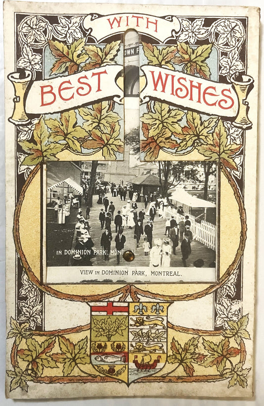 Ornate fan-shaped postcard with "With Best Wishes" banner, hop leaf decorations, and black and white photograph of Dominion P