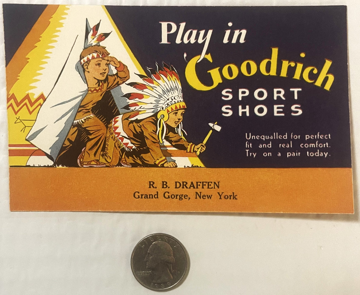 Vintage B.F. Goodrich Sport Shoes advertising blotter with Native American imagery, shown with quarter for scale