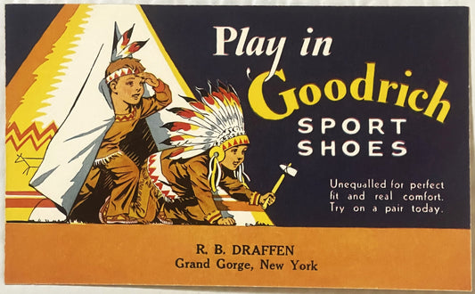Vintage BF Goodrich Sport Shoes advertising blotter featuring Native American figures in a teepee, orange and black design wi