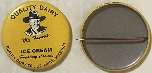 Front and back of vintage yellow pinback button featuring cowboy portrait, "Quality Dairy" and "Hopalong Cassidy" ice cream t