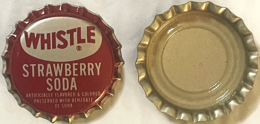 Vintage Whistle Strawberry Soda bottle cap showing crimped metal rim with red and cream label on front and plain gold metal r