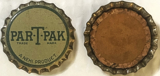 Front and back of a vintage Par-T-Pak Nehi cork bottle cap showing embossed lettering and trade mark on cream-colored top, br