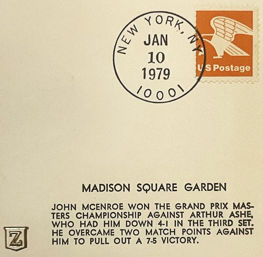 Cream-colored 1979 envelope with orange eagle stamp, New York postmark dated Jan 10, and text describing McEnroe's Masters Ch