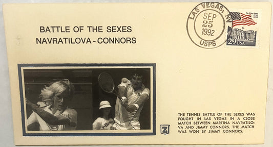 1992 first-day cover envelope with postmark showing black-and-white photos of tennis players Navratilova and Connors, descrip