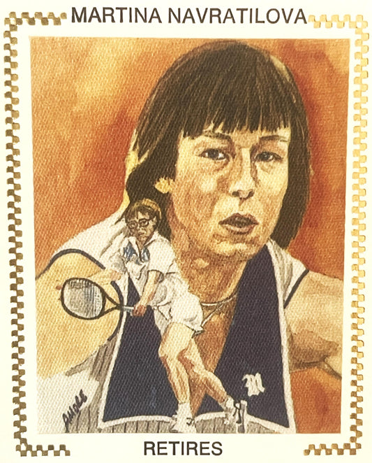 Embossed envelope featuring Martina Navratilova's portrait with tennis racket, orange background, "RETIRES" text below, spira