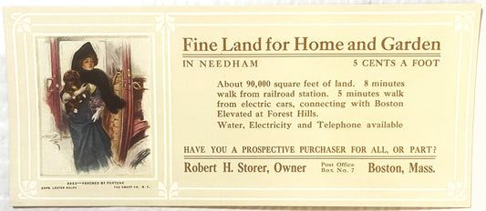 Vintage cream-colored ink blotter with illustrated woman holding small dog on left, real estate advertisement for Needham, Ma