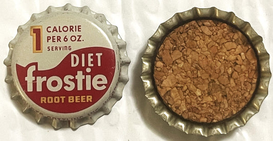 Vintage bottle cap showing front and back views: front displays red and cream "Diet Frostie Root Beer" label with "1 calorie