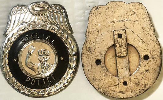 Front and back of a metal police badge with eagle, shield emblem, and "SPECIAL POLICE" text on black and tan surfaces