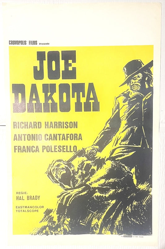 Vintage yellow movie poster for "Joe Dakota" featuring dark illustration of cowboy with rifle, actor names and "Regie: Hal Br