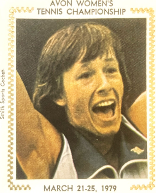 1979 Avon Women's Tennis Championship envelope with embossed gold border featuring Martina Navratilova's photograph, dated Ma