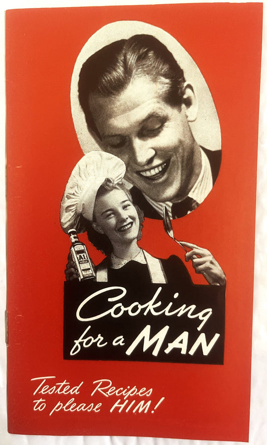 Vintage A-1 Sauce recipe booklet cover with red background, smiling man and woman in period clothing holding sauce bottle
