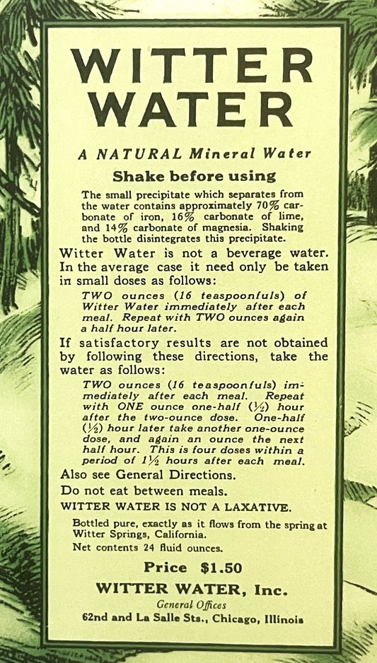 Vintage 1927 Witter Water mineral water label from Chicago with green botanical border and dosage instructions, price $1.50