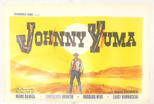 Vintage Belgian movie poster for "Johnny Yuma" featuring a cowboy in desert landscape with yellow sky and sun, text in multip