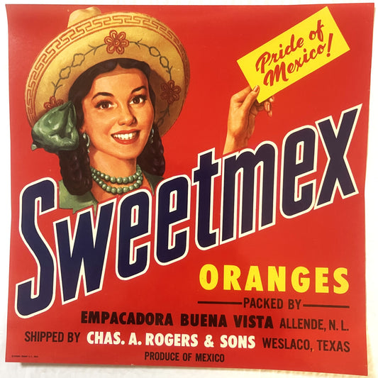 Vintage Sweetmex oranges crate label featuring a smiling woman in sombrero holding yellow "Pride of America" sign on red back