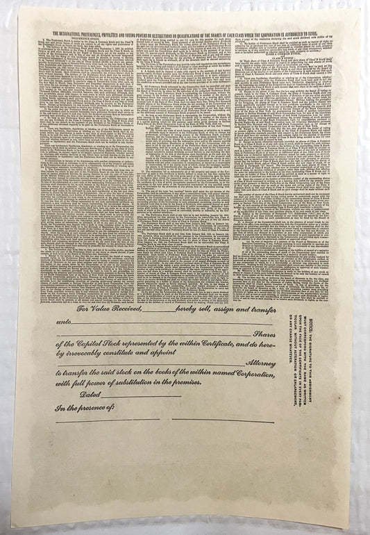 Cream-colored stock certificate page with dense printed text at top and blank transfer form below with signature lines and da