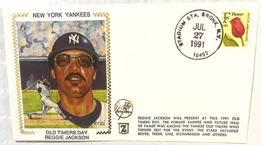 1991 Reggie Jackson stamped envelope with illustrated baseball card, Yankees logo, and Bronx postmark dated July 27, 1991.